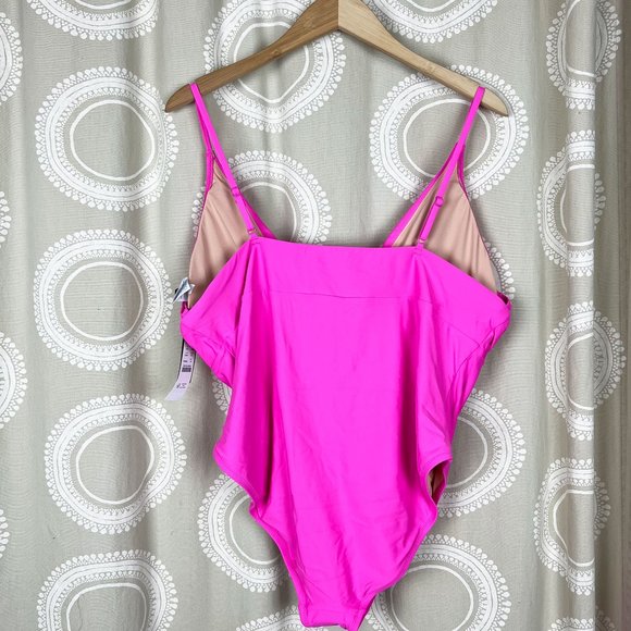 J. Crew deep v-neck french one-piece swimsuit neon flamingo pink - Picture 4 of 11